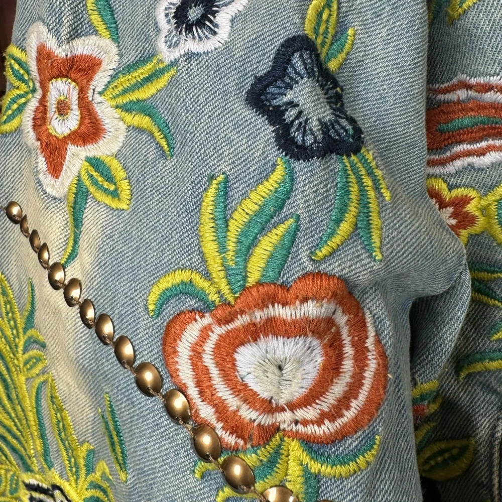 🆕 ARATTA LUCINDA EMBROIDERED DENIM JACKET Light Blue Denim Floral Embroider